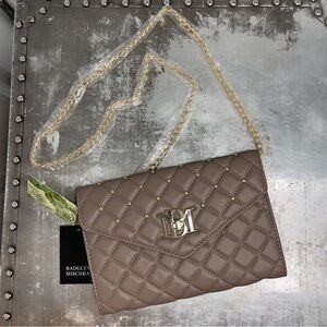 Badgley Mischka Quilted Taupe Crossbody Bag Designer Purse Studded Clutch Gift